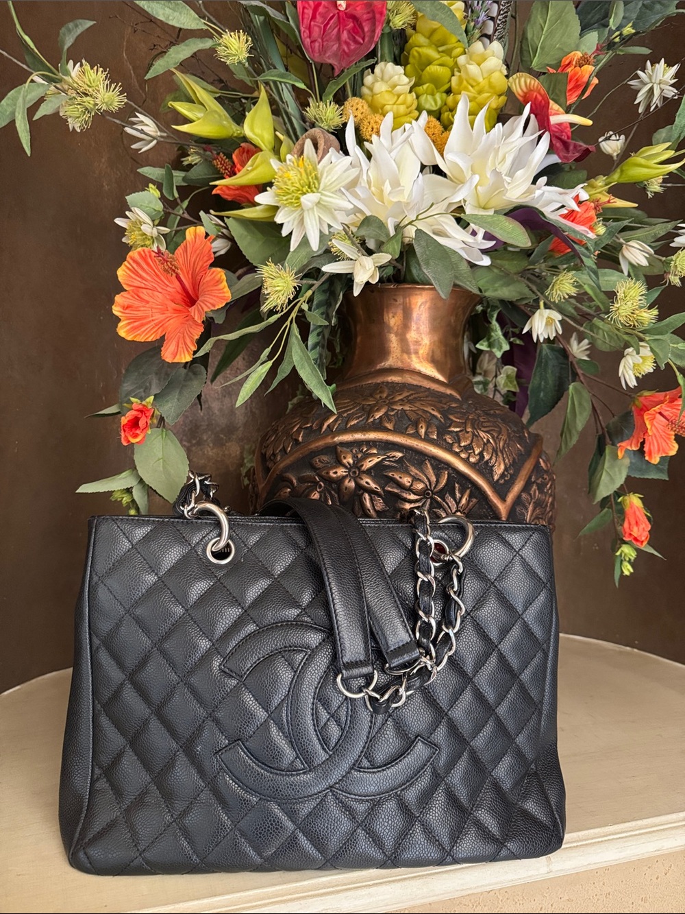 CHANEL Black Quilted Caviar Leather Tote with Chain-Strap